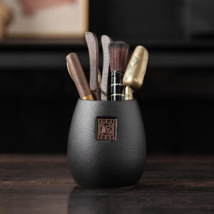 BỘ DỤNG CỤ PHA TRÀ GỖ MUN KÈM ỐNG ĐỰNG GỐM