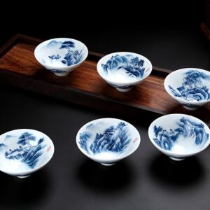 BỘ CHÉN SỨ CẢNH ĐỨC VẼ TAY SƠN THUỶ