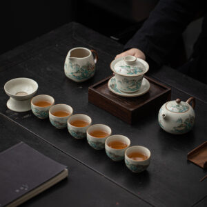 BỘ ẤM KHẢI CHÉN SỨ HOẠ SƠN THUỶ MEN LỤC