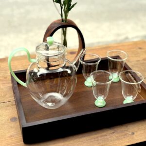 BỘ ẤM CHÉN THUỶ TINH KÈM KHAY GỖ