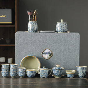 BỘ ẤM CHÉN SỨ BÁCH HOA MEN LAM 17 MÓN