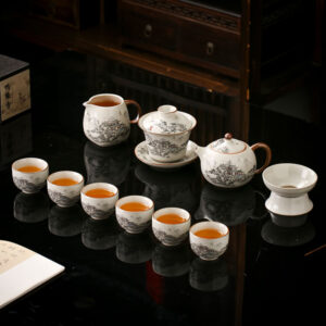 BỘ ẤM CHÉN SỨ MEN RẠN TRANH THUỶ MẶC