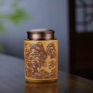 HŨ ĐỰNG TRÀ TỬ SA NẮP KIM LOẠI KHẮC SƠN THUỶ